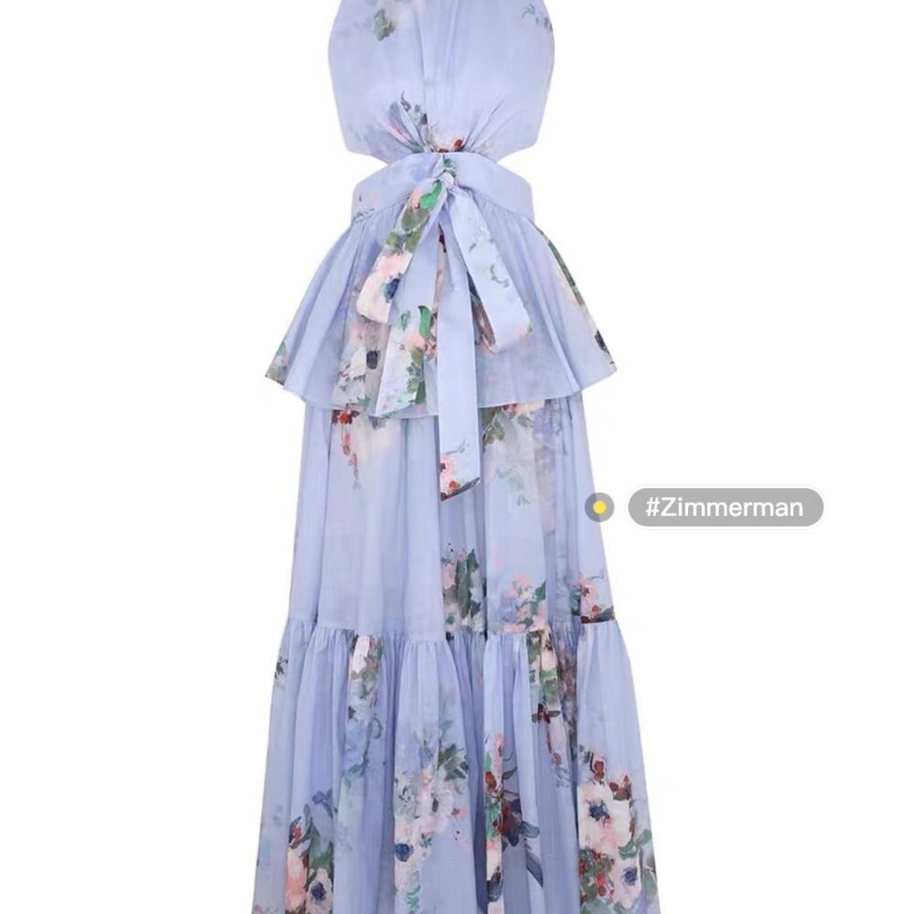 Zimmermann Blue Floral Cutout Maxi Dress Tie Waist Tiered Size 0 (US 2) - Picture 8 of 14